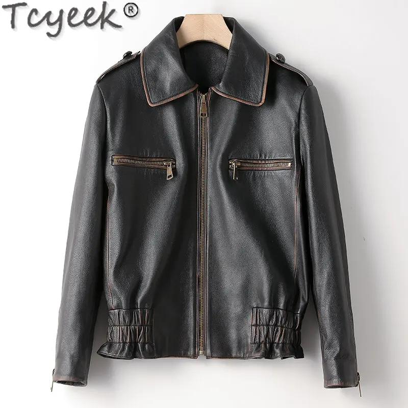 Tcyeek Vintage High-end Sheepskin Coats Motorcycle Jackets Female Elegant Genuine Leather Jacket Women Clothes Jaque
